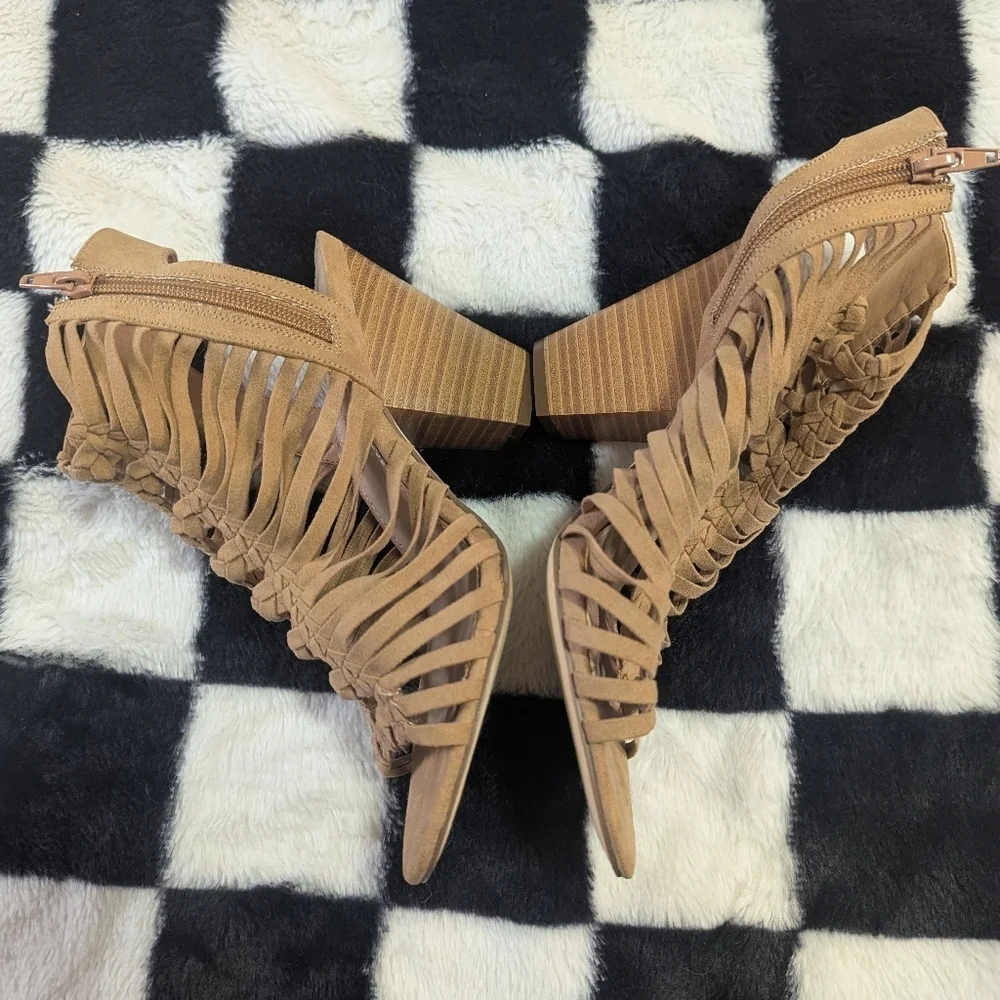 JustFab Tan Suede Braided Fringe Block Heel Sandals Size 7.5